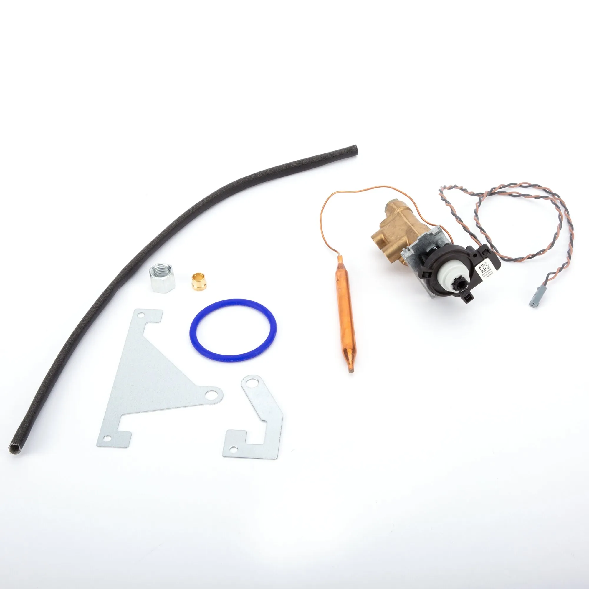 Zündsicherungsventilset mit Messingventil, schwarzem Schlauch, Kupferfühler, Kabel, Dichtungsring und Montagehalterungen auf weißem Hintergrund