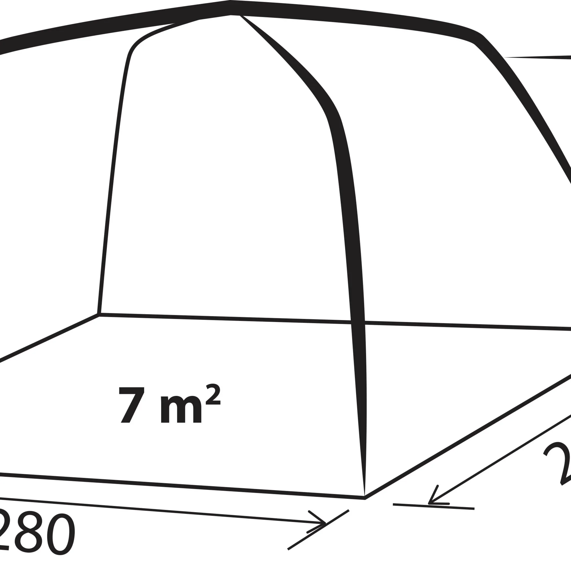 Heckklappenzelt Indipendence als schematische Linienzeichnung mit markierter Innenfläche von 7 m²