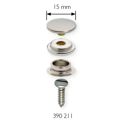 Zerlegter Druckknopf aus Metall für Yacht und Caravan mit 15-mm-Kappe und Befestigungsschraube, Artikel 390211