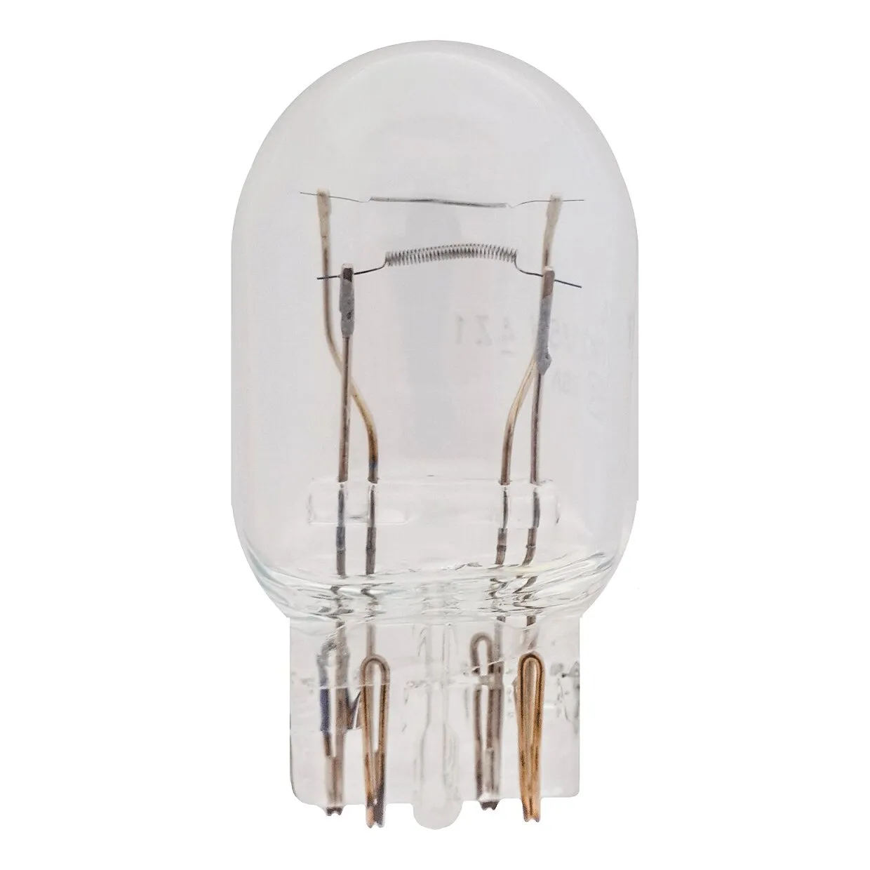 Transparente Kfz-Glassockellampe W3x16q mit sichtbarem Glaskolben, Glühwendel und vier Metallkontakten am Sockel