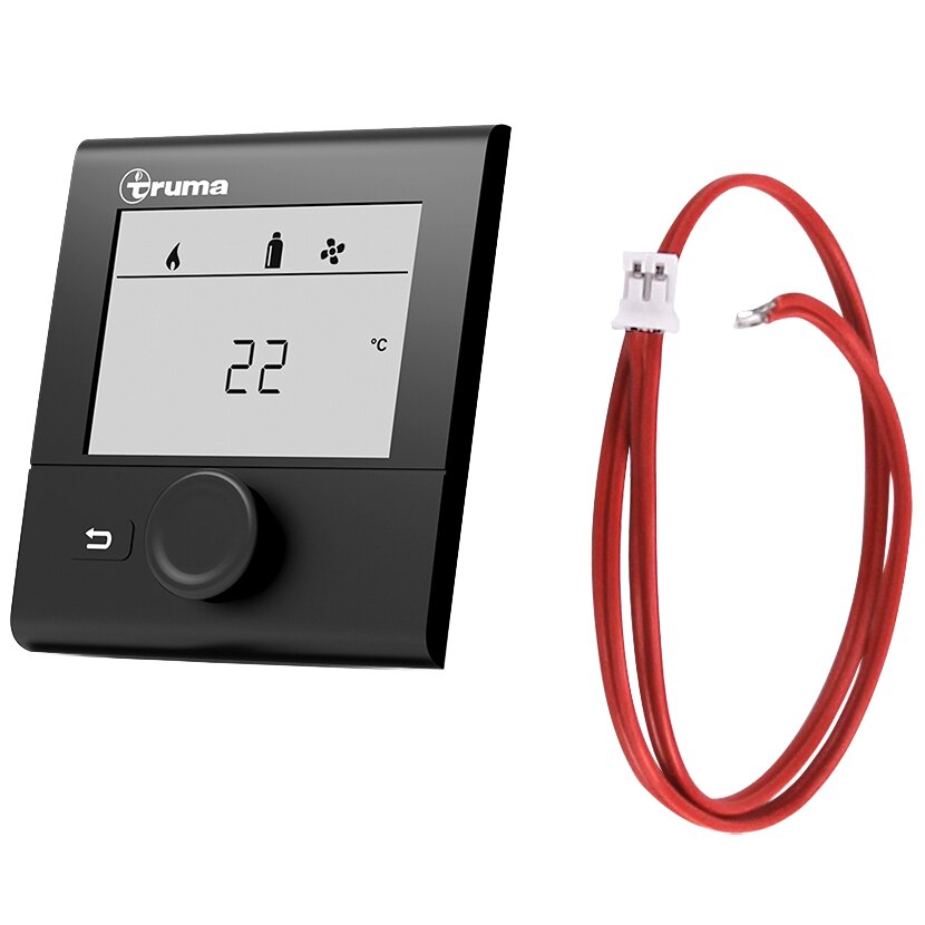 Truma CP plus CI-Bus Bedienteil mit Display und Drehknopf, Anzeige 22°C, daneben rotes Anschlusskabel als Ersatzteil