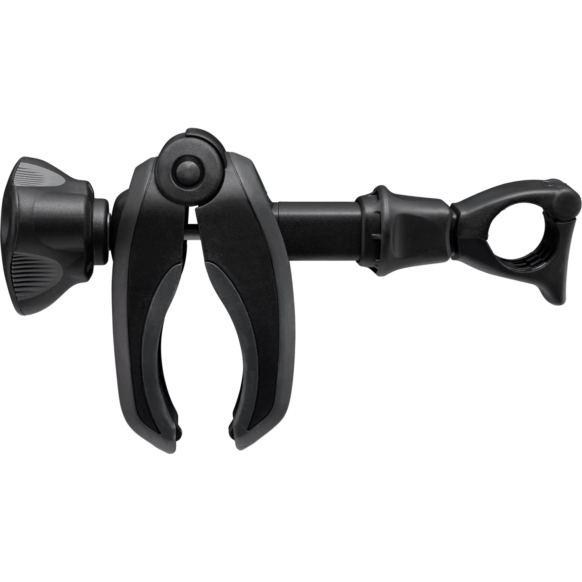 Schwarzer Abstandshalter AcuTight mit zwei Klemmbacken, Drehknopf und runder Halterung, 12 cm lang