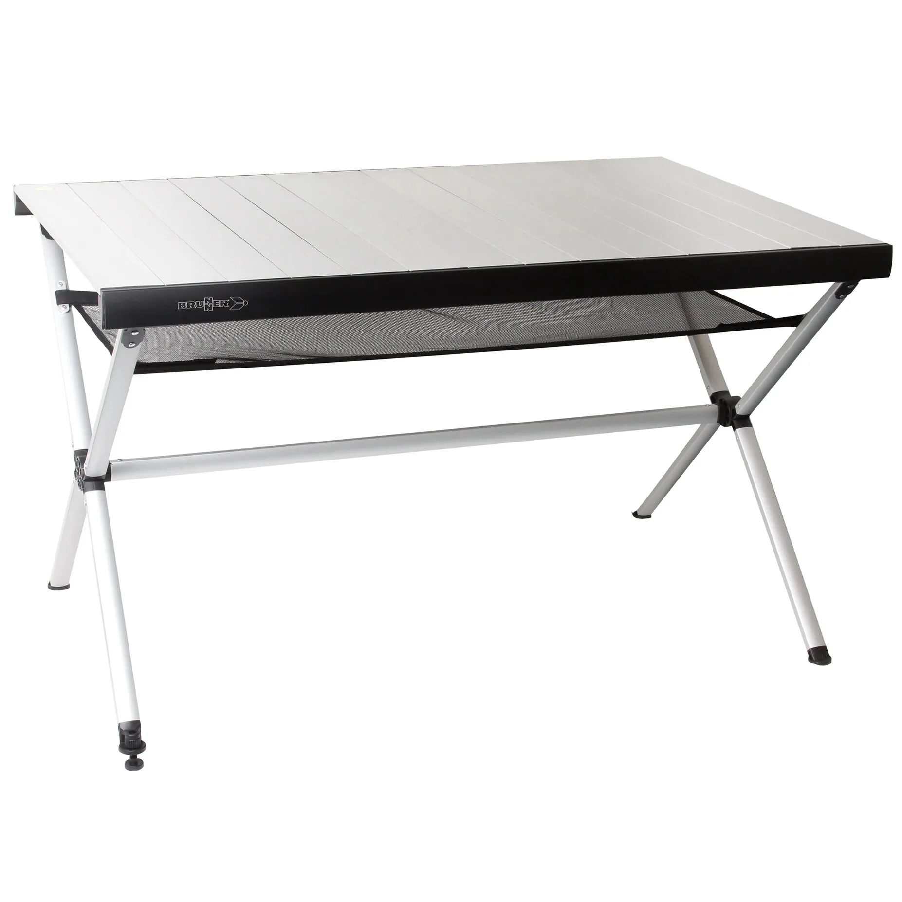 Rolltisch Accelerate von Brunner mit 120 cm langer, hellgrauer Tischplatte, schwarzem Ablagenetz und klappbarem Aluminiumgestell