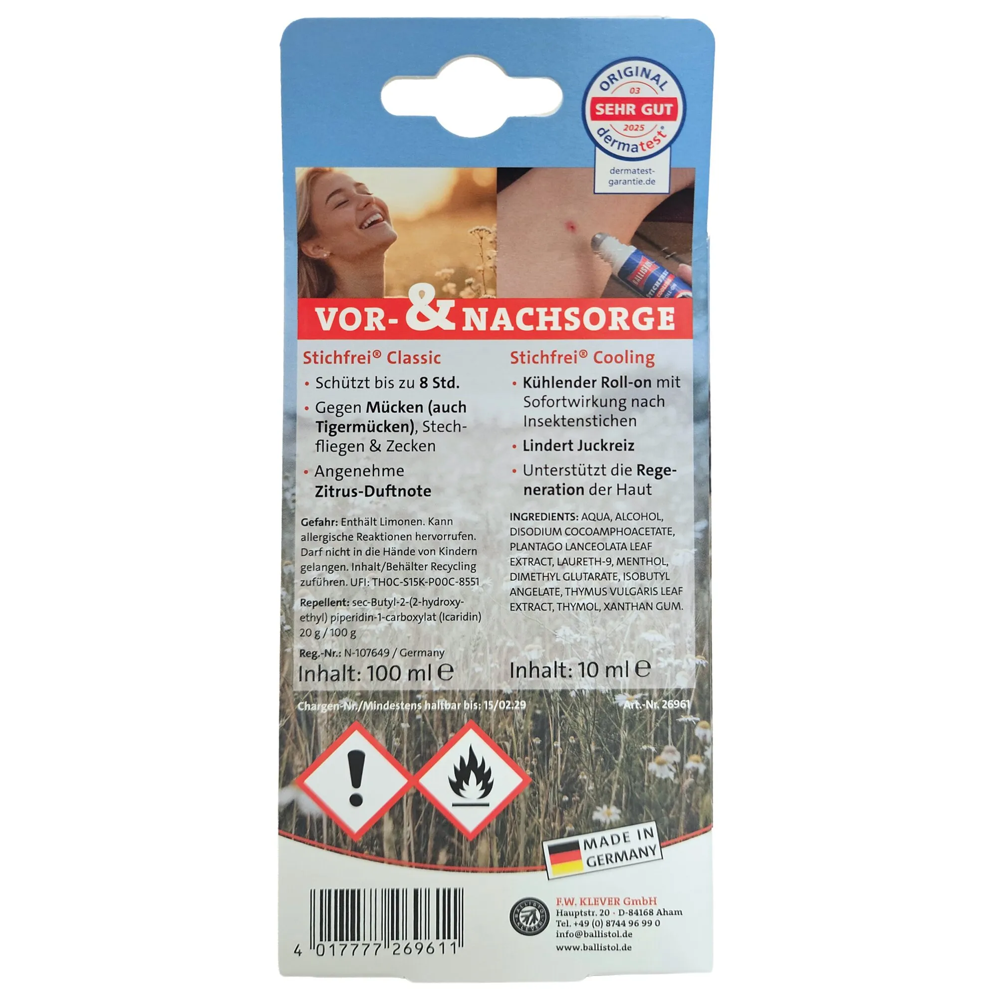 Stichfrei Insektenschutz- und Soforthilfe-Set von Ballistol in blauer Verpackung mit Classic-Spray und Cooling-Roll-on