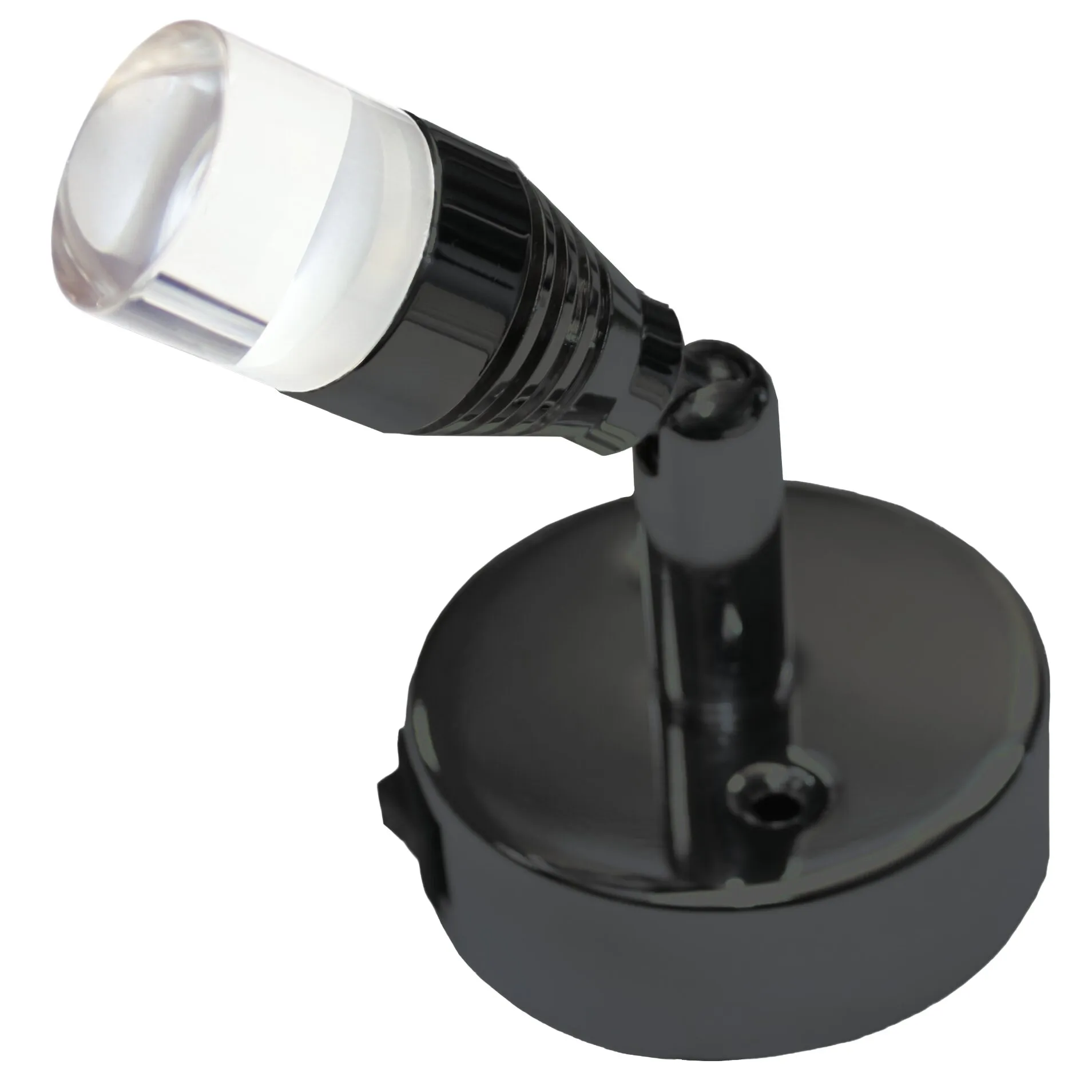 Detailaufnahme einer schwarzen LED-Leselampe mit weißem diffusen Lampenkopf, verstellbarem Gelenk und rundem Standfuß