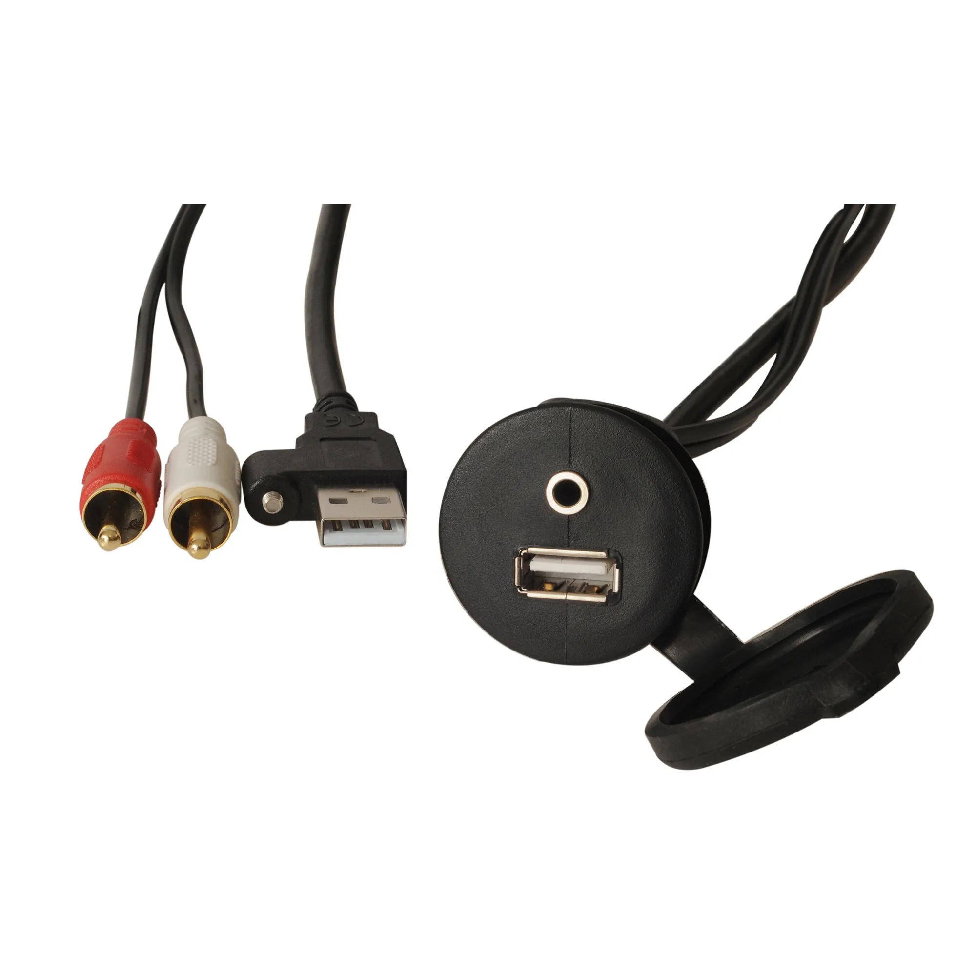Schwarze USB/AUX-Verlängerung mit runder Einbaubuchse, USB-A-Stecker sowie roten und weißen Cinch-Steckern, 2 m lang