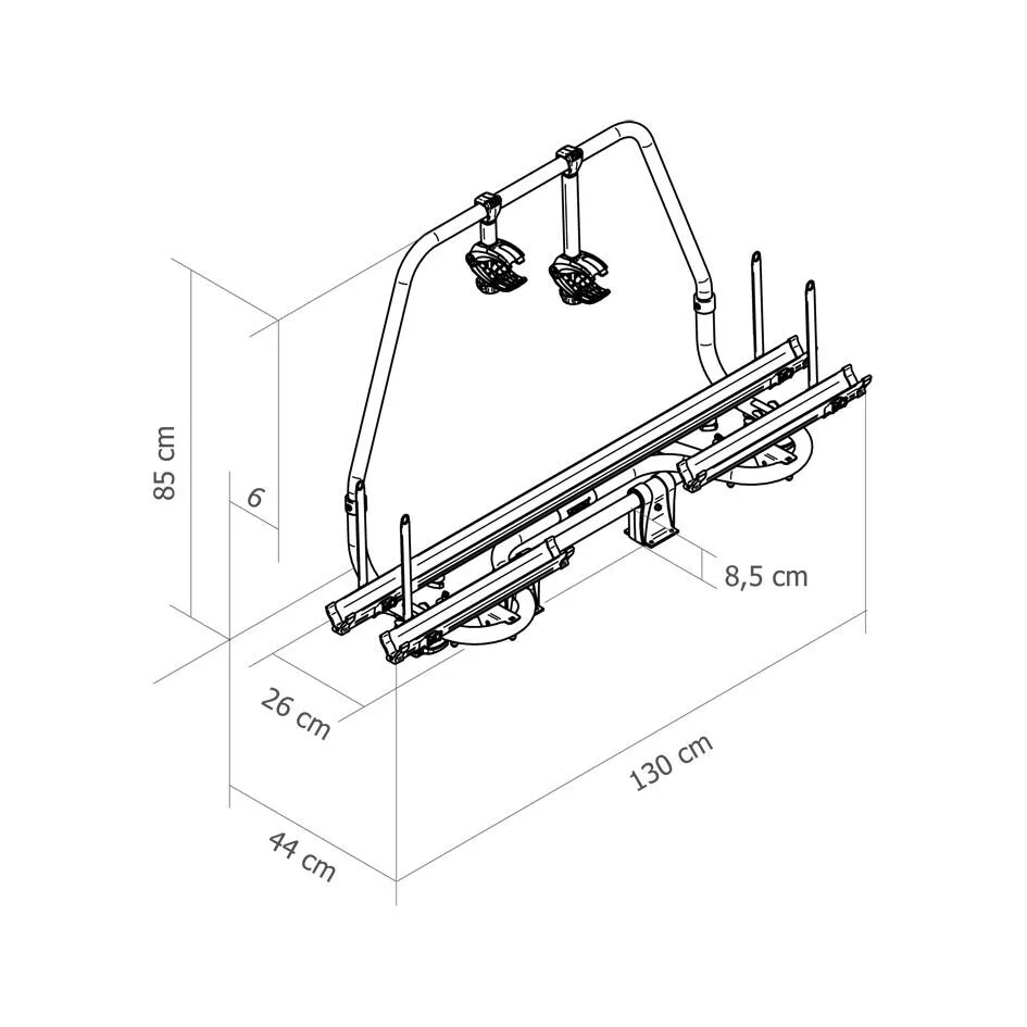 Technische Zeichnung des Fahrradträgers Thule Caravan Smart mit zwei Schienen und Haltebügeln, Maße 130 × 44 × 85 cm