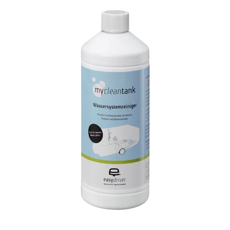Weiße Flasche mycleantank Wassersystemreiniger von easydriver für Frischwassertanks, Armaturen, Pumpen und Abwassertanks
