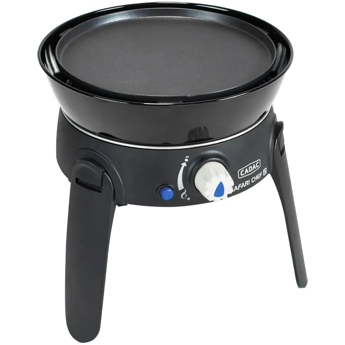Schwarzer Gasgrill CADAC Safari Chef 30 mit runder Grillplatte, drei Standbeinen, Drehregler und Piezo-Zündung
