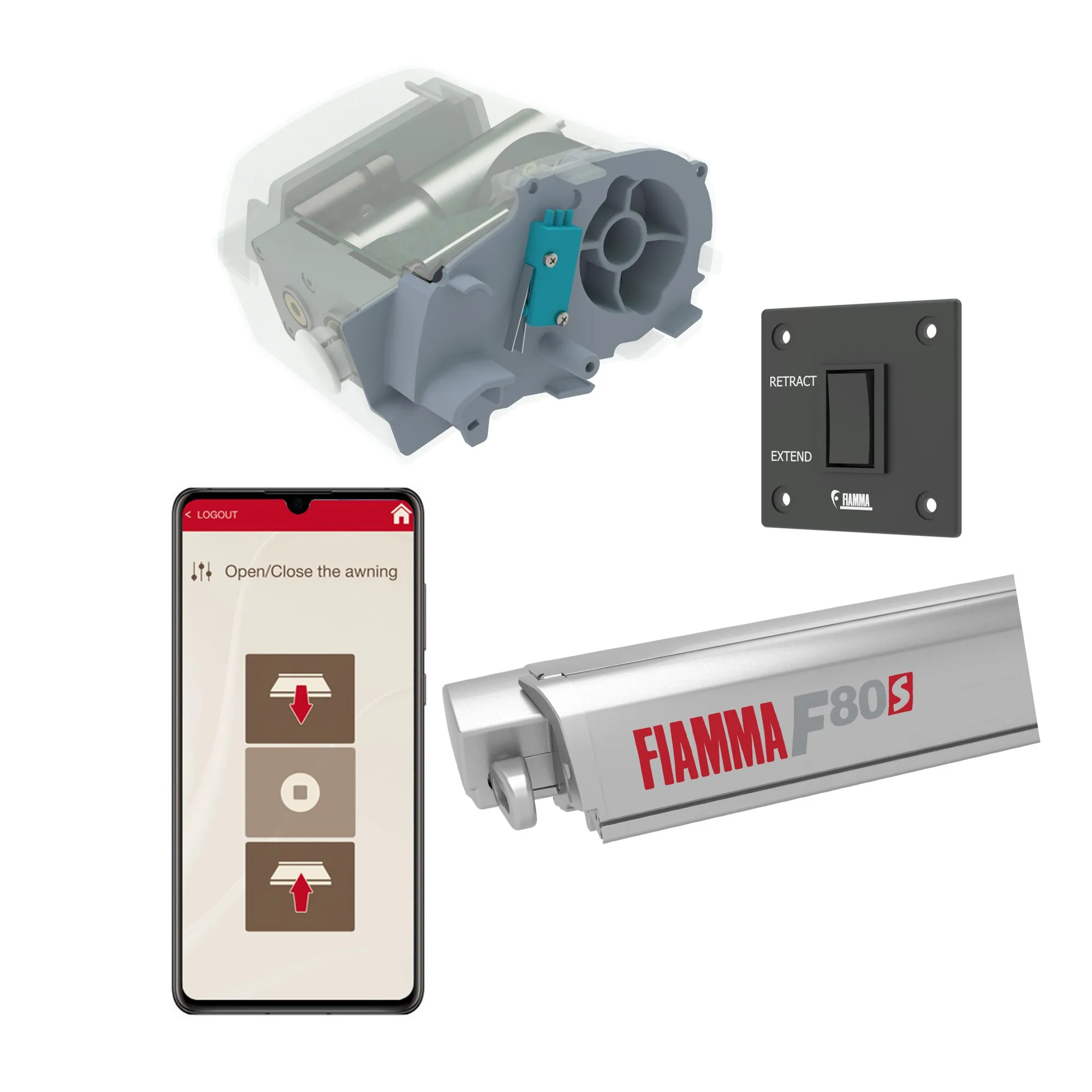 Motor Kit Advanced F80s von Fiamma in Titan mit Innenansicht des Motors, Wandschalter, Smartphone-Steuerung und F80s-Markisenprofil
