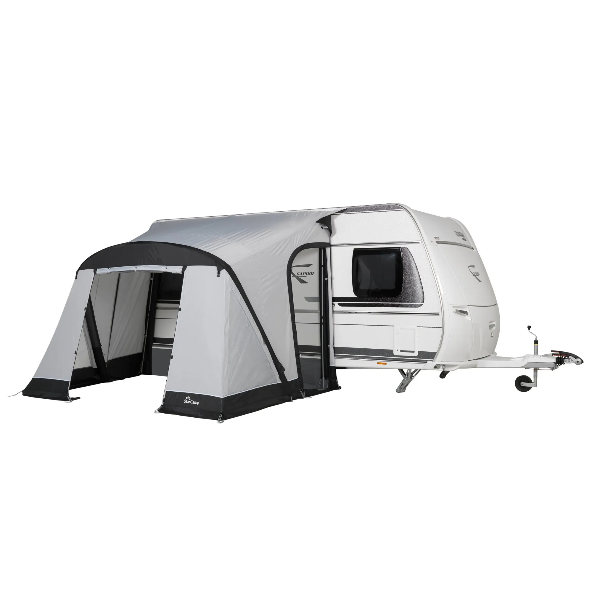 Graues Teilzelt Quick'n Easy Air, 265 cm, an einen weißen Wohnwagen montiert, mit offenem Eingang und abspannbaren Seitenwänden