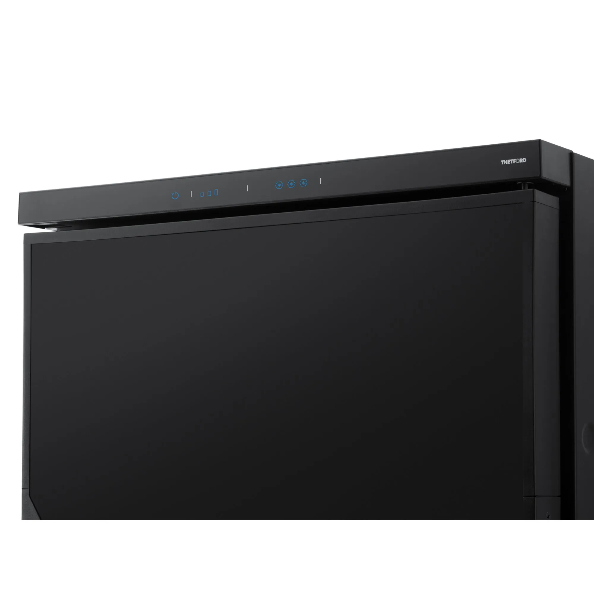 Schwarzer Thetford Kühlschrank T2160 in Detailansicht mit blau markiertem Bedienfeld und sichtbarem Logo