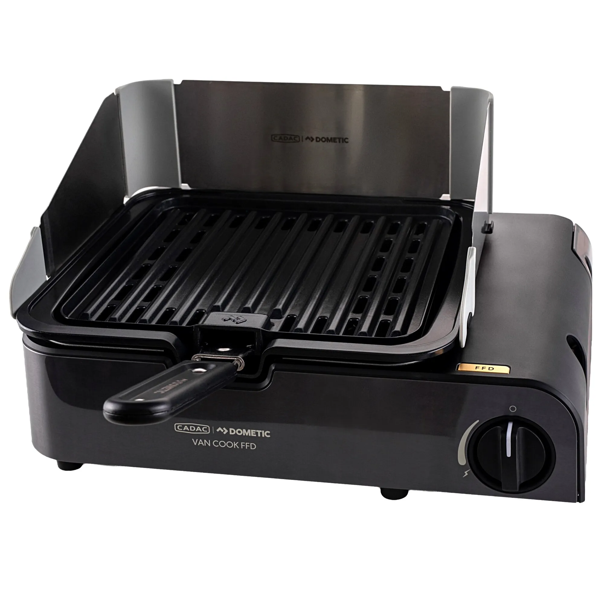 Offener Van Cook FFD Campingkocher: grillrost aus Metall, schwarzes Gehäuse, silberne Seitenverkleidungen, runder Bedienelement rechts, CADAC DOMETIC Logo
