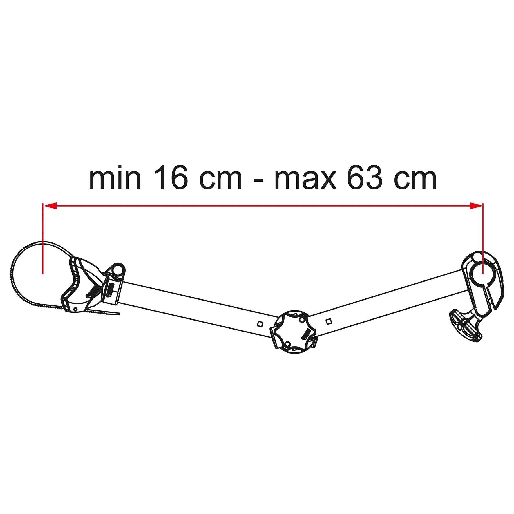 Technische Zeichnung des schwarzen Fahrradhalters Bike-Block Pro S D2 mit verstellbarer Länge von 16 bis 63 cm