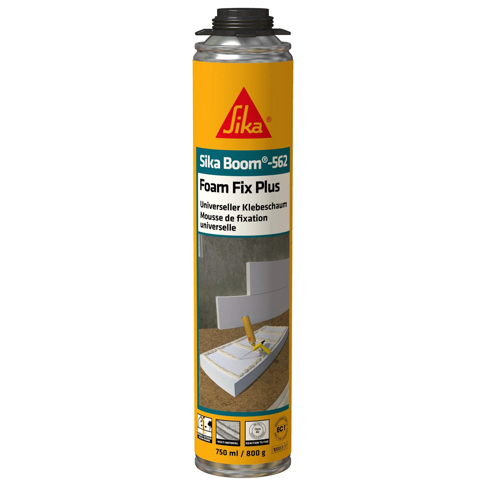 Sika Boom-562 Foam Fix Plus Schaumklebstoff in gelber 750-ml-Dose mit Pistolenadapter und Anwendung auf Dämmplatten