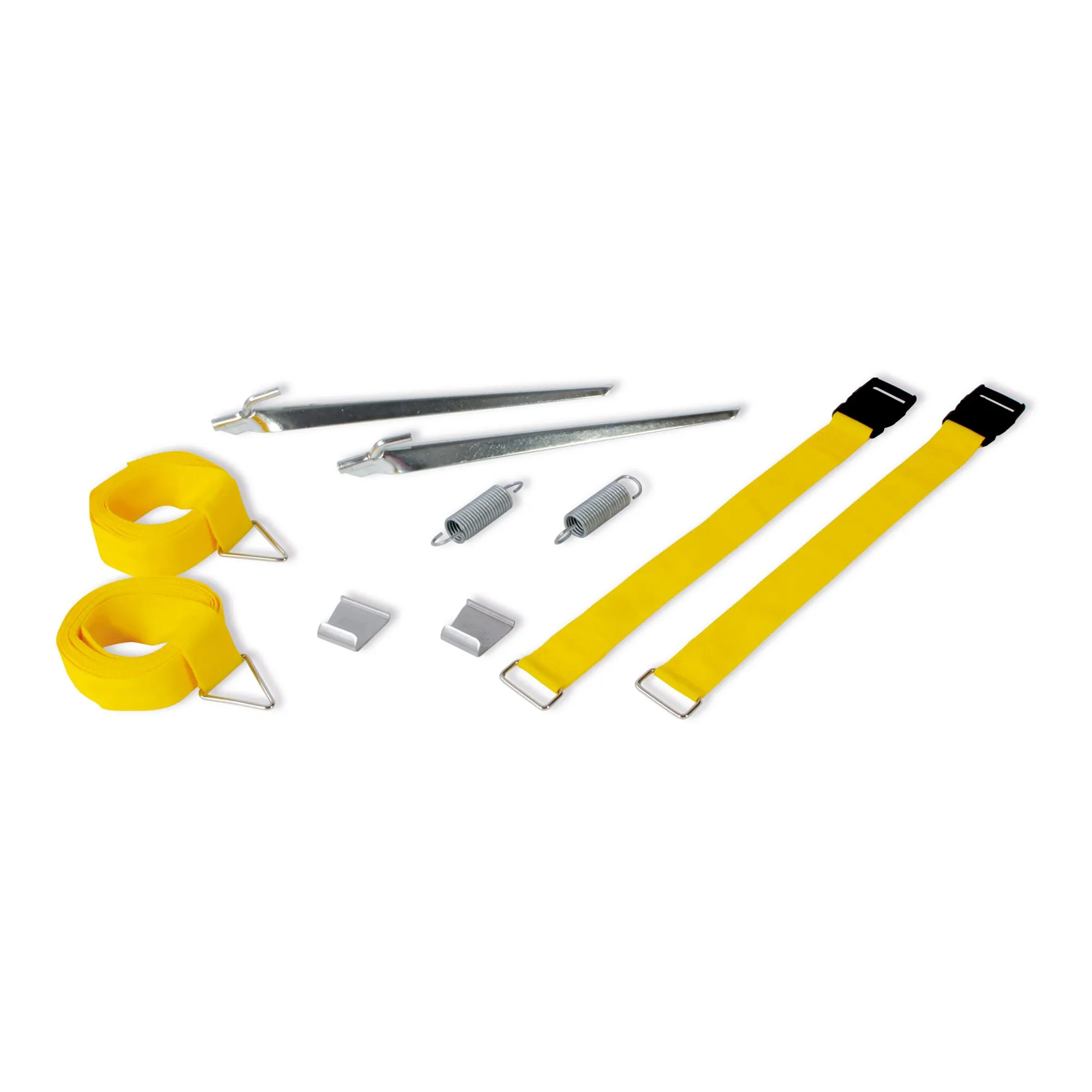 Abspannband Tie Down S in Gelb als Set mit Gurten, schwarzen Verschlüssen, Metallstäben, Federn und Haken