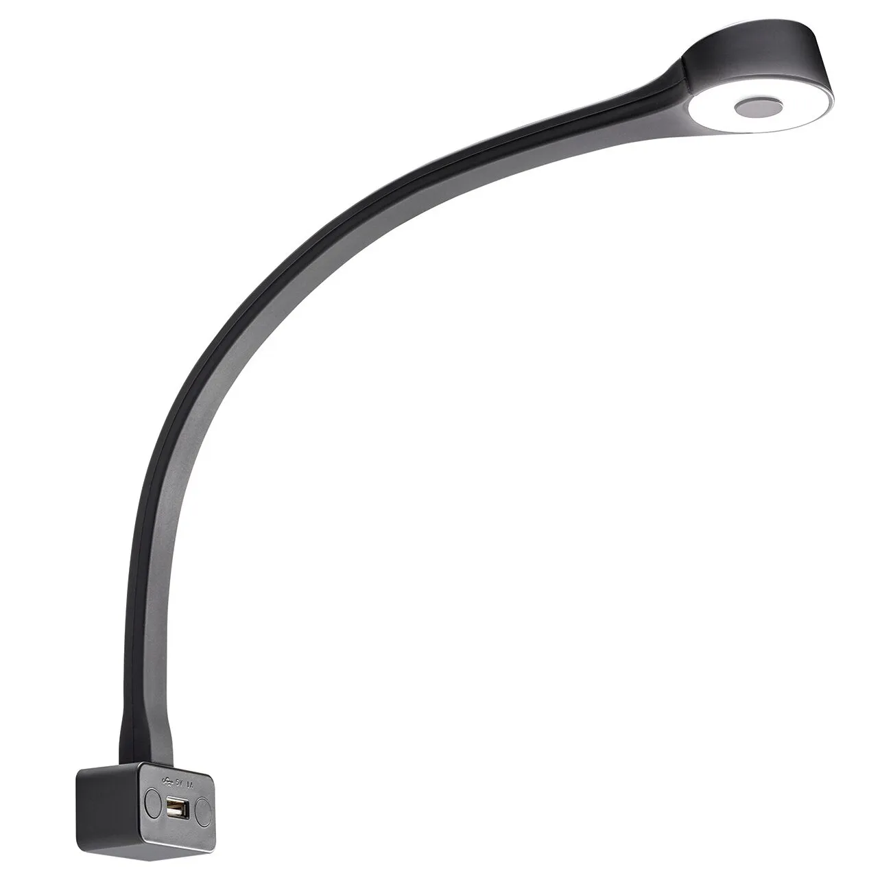 Schwarze Schwanenhalsleuchte Typ F mit gebogenem Leuchtenarm, rundem LED-Leuchtenkopf und USB-Anschluss am Sockel