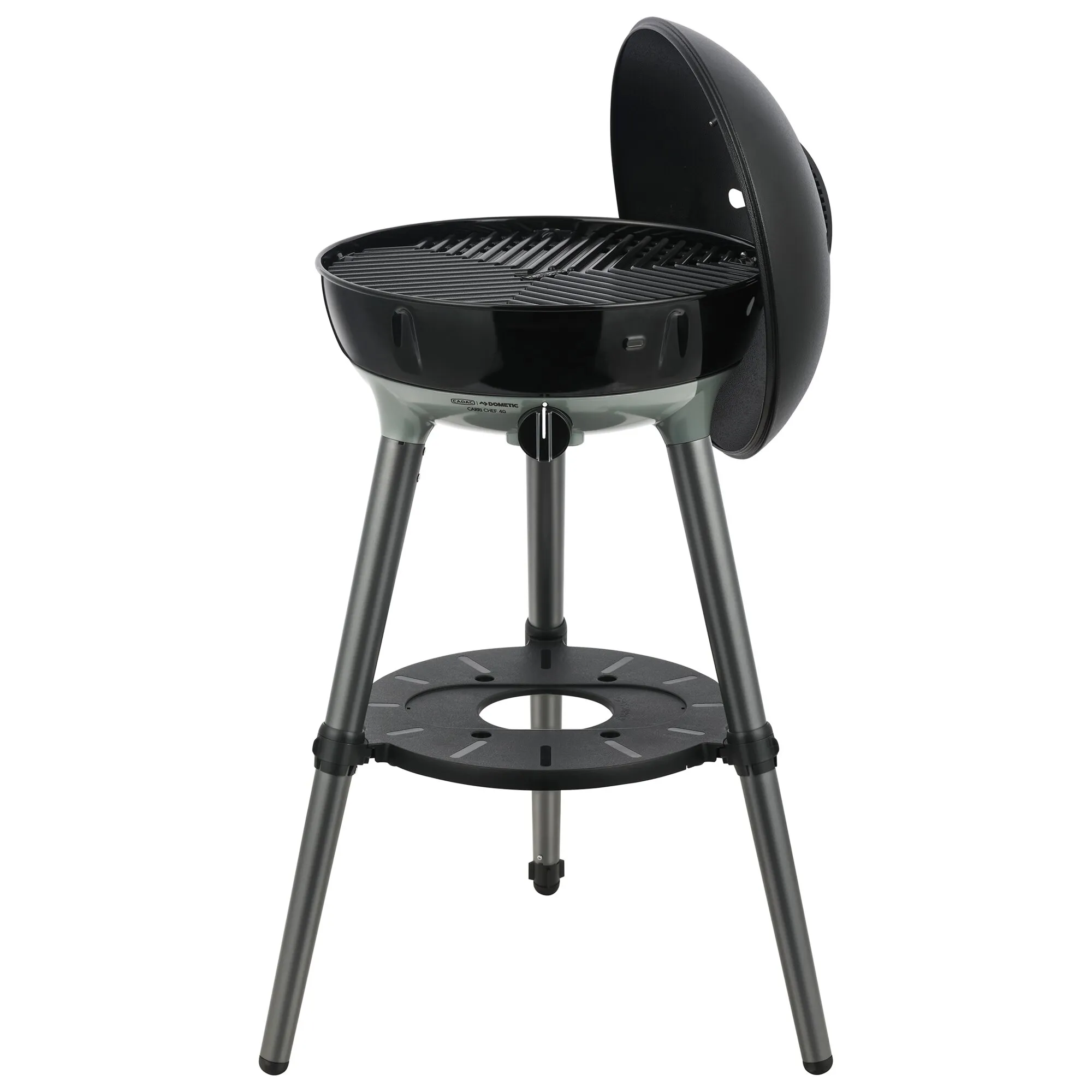 Schwarzer Gasgrill Carri Chef 40 BBQ von CADAC auf drei Beinen mit offenem Grillrost, Deckel und Ablagefläche