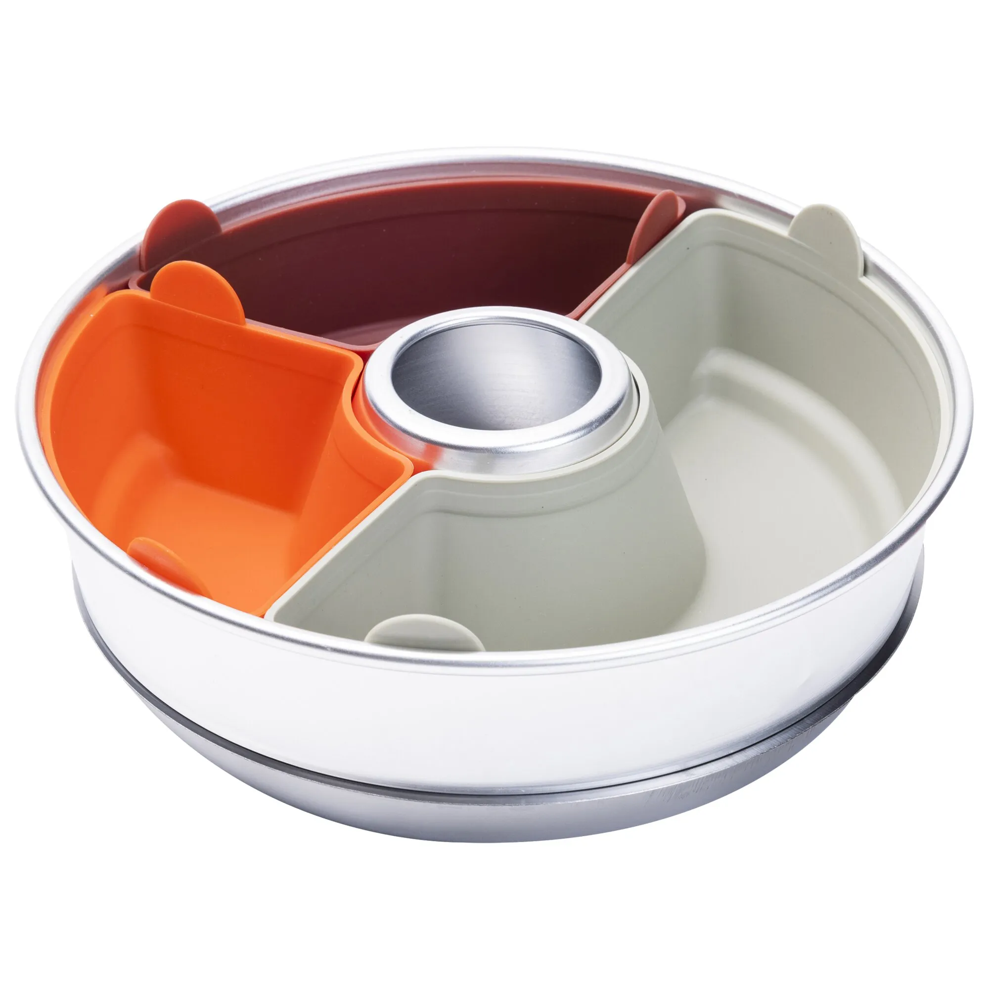 Sechsteiliges Set aus farbigen Silikonformen in einem runden Metallhalter, darunter orange, bordeauxrote und hellgraue Formen