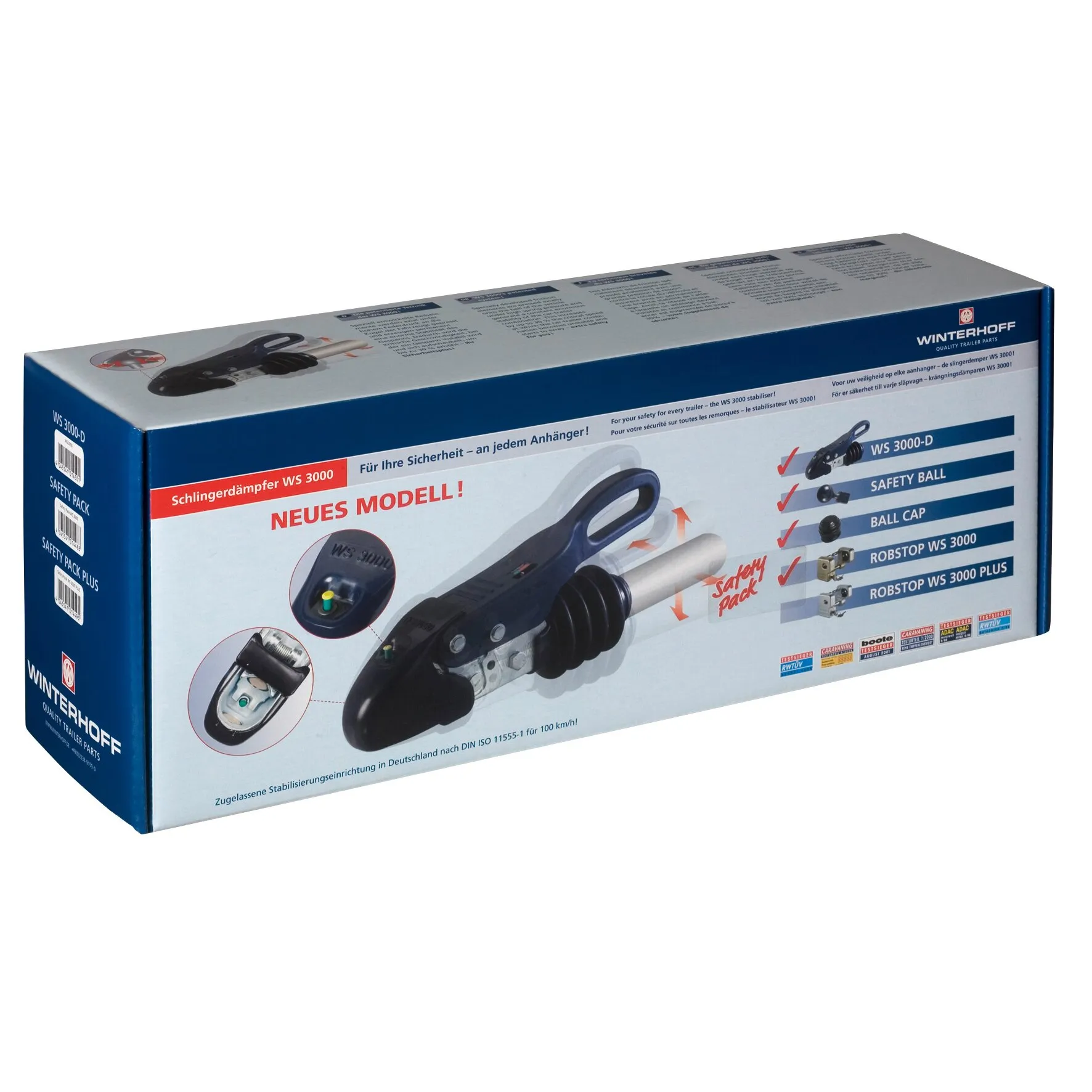 Verpackung der Winterhoff Kugelkupplung Safety Pack WS 3000 mit Schlingerdämpfer, Safety Ball, Ball Cap und Robstop-Komponenten