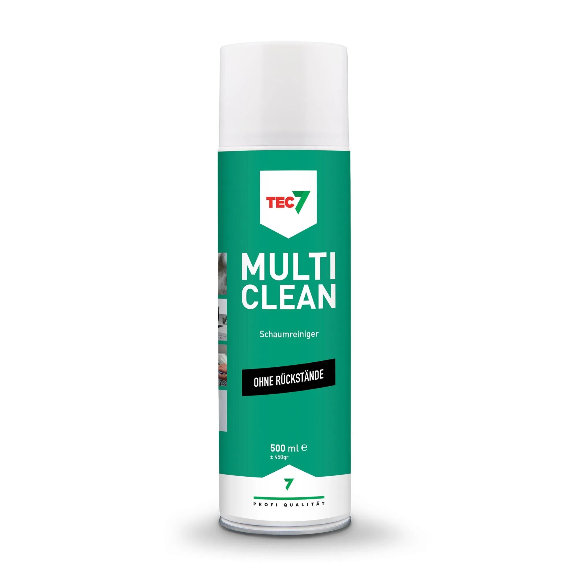 Grüne TEC7-Spraydose MULTI CLEAN Schaumreiniger mit weißer Kappe, 500 ml und Aufdruck Ohne Rückstände