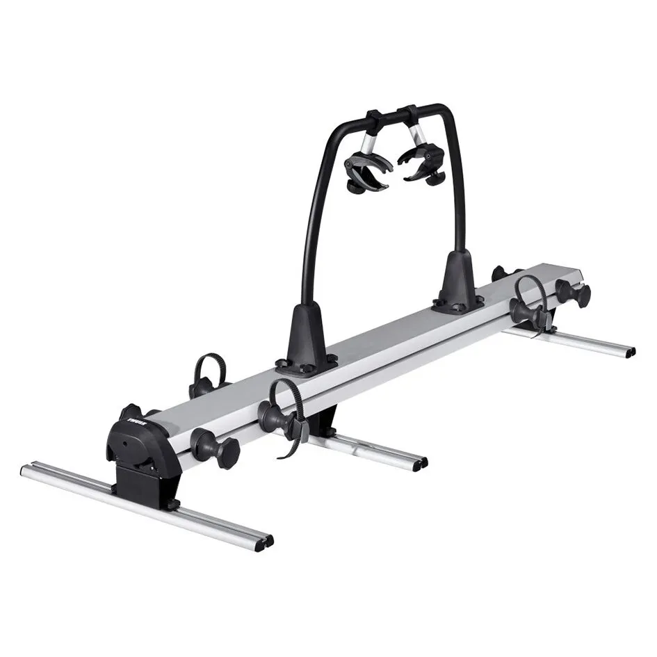 Thule VeloSlide Fahrradträger in kurzer Ausführung aus Aluminium mit zwei Fahrradschienen und schwarzen Haltebügeln