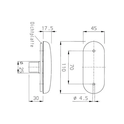 Technische Zeichnung der Begrenzungsleuchte PLR 2000 mit Vorder- und Seitenansicht sowie Maßangaben 110 × 45 mm, Ø 25 und 4,5 mm
