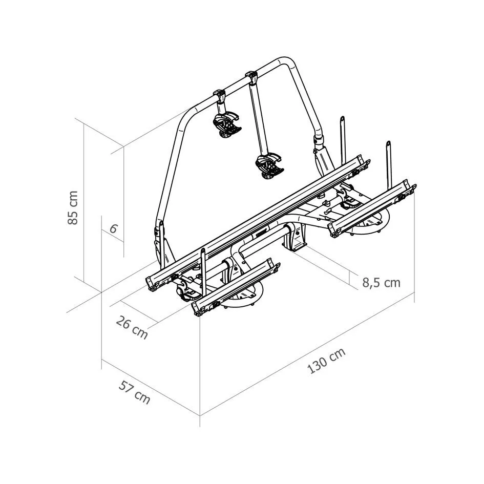 Technische Zeichnung des Fahrradträgers Thule Caravan Superb mit zwei Schienen und Maßangaben 130 × 57 × 85 cm