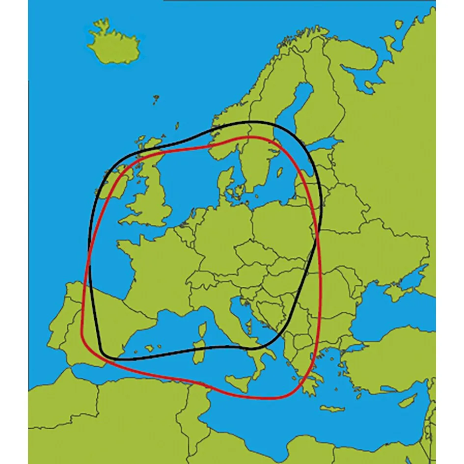 Europakarte mit rot und schwarz markierten Empfangsgebieten der Sat-Anlage Target 50 Single