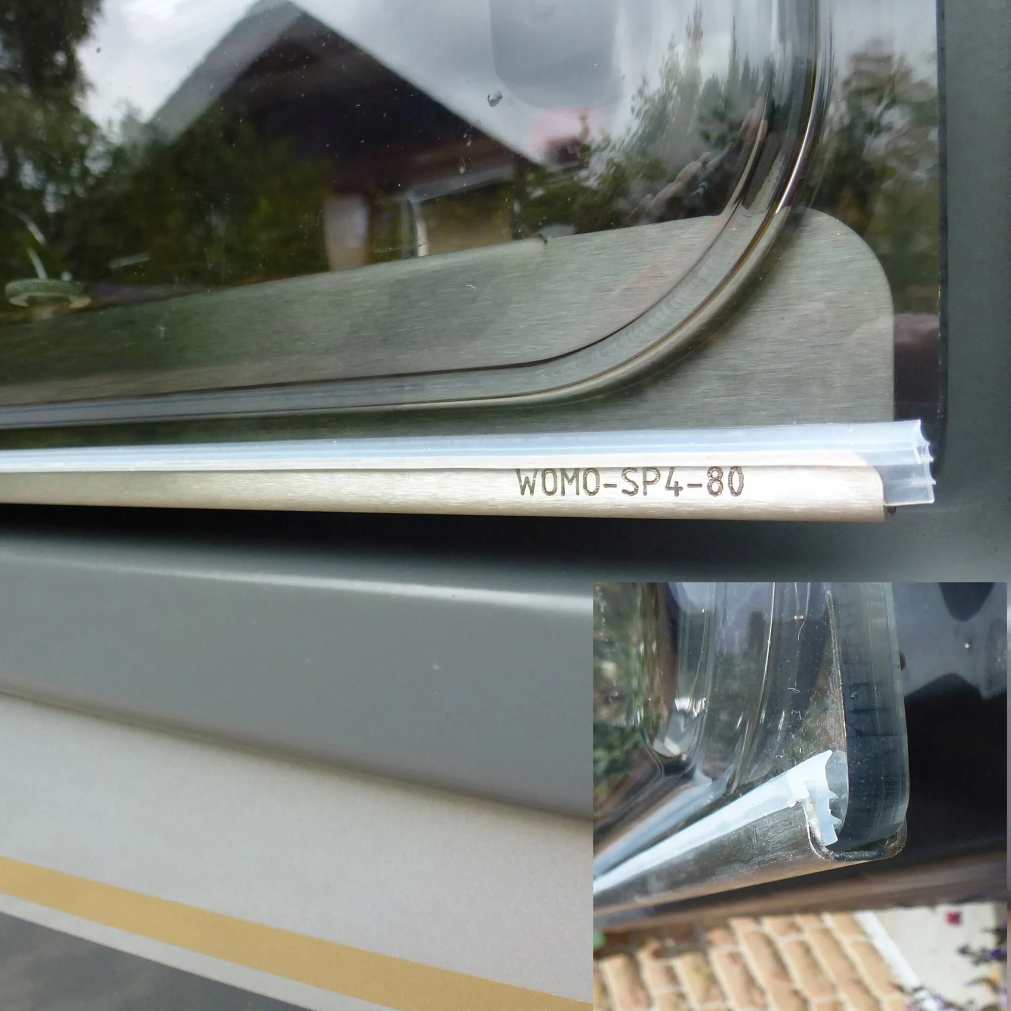 Detailaufnahme eines verchromten Sicherheitsprofils für das Ausstellfenster S10 Deluxe mit Aufdruck WOMO-SP4-80 und Kunststoffabschluss