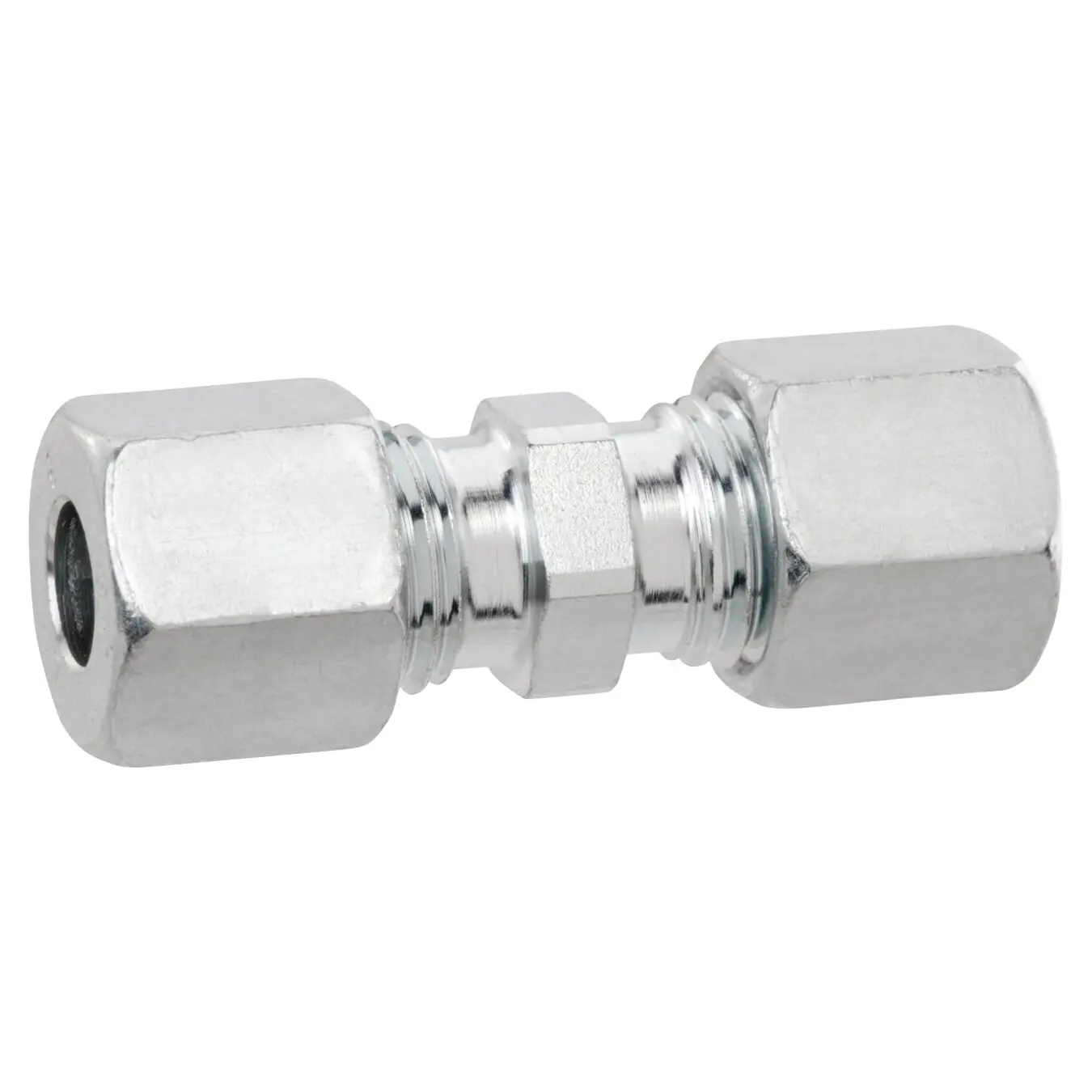Gerade Verschraubung GL 15 x 15 verzinkt mit zwei sechskantigen Endstücken und zentraler Verbindungsstelle, silbernes Metallfinish