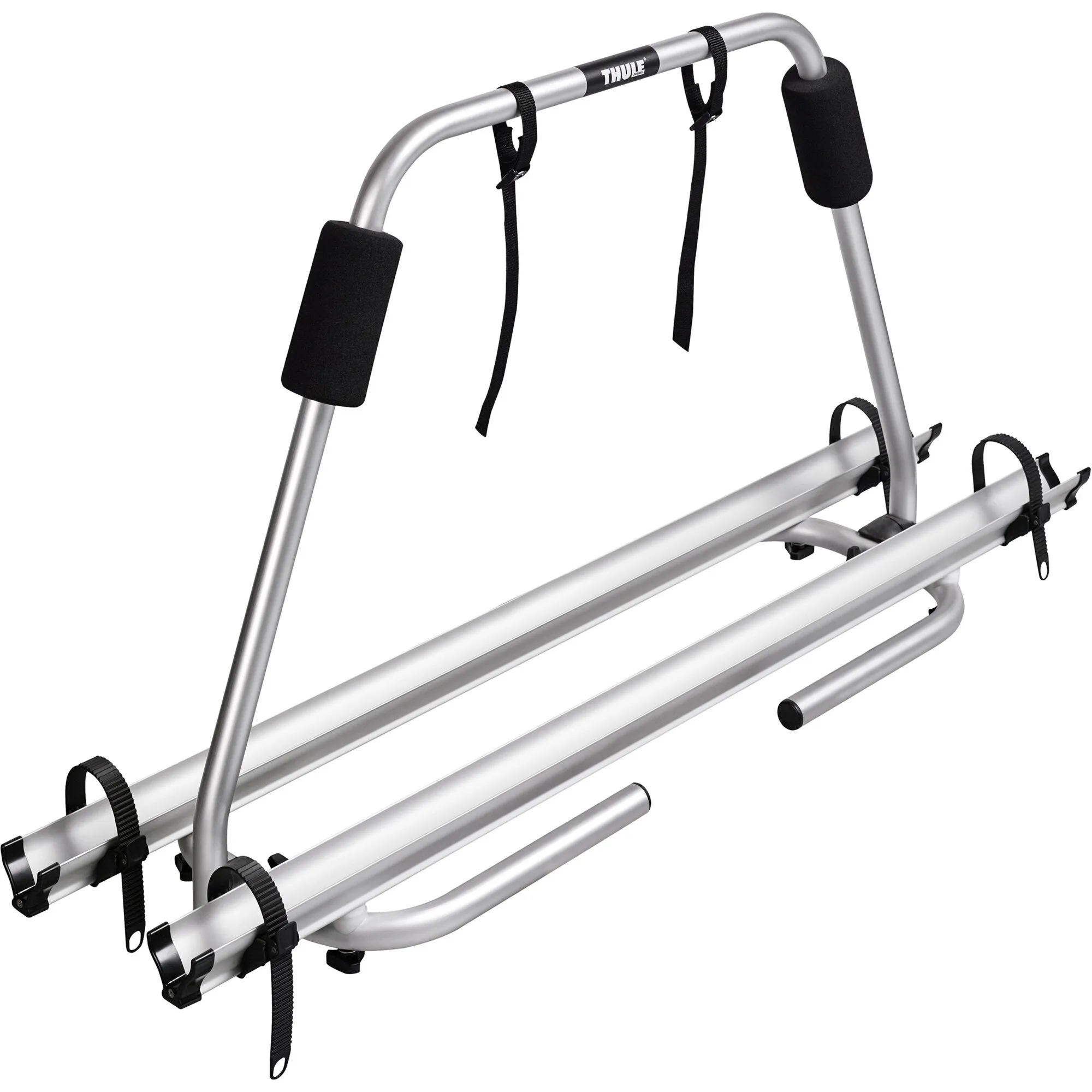Silberner Thule Caravan Light Fahrradträger mit zwei Führungsschienen, schwarzen Befestigungsriemen und gepolstertem Haltebügel