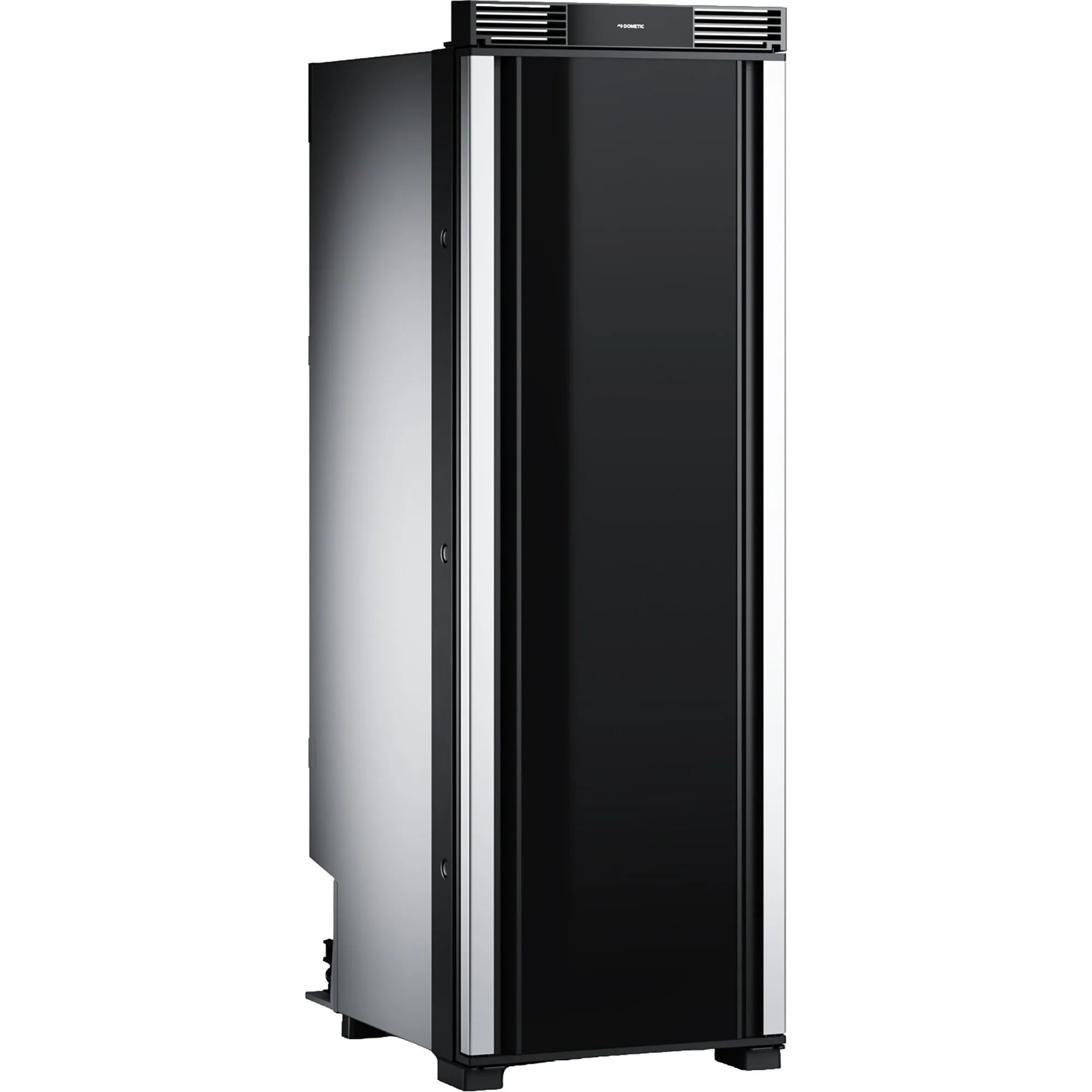 Schwarzer Dometic RCL 10.4EP Kühlschrank mit geschlossener Front, seitlich geöffneter Tür und oberem Lüftungsgitter