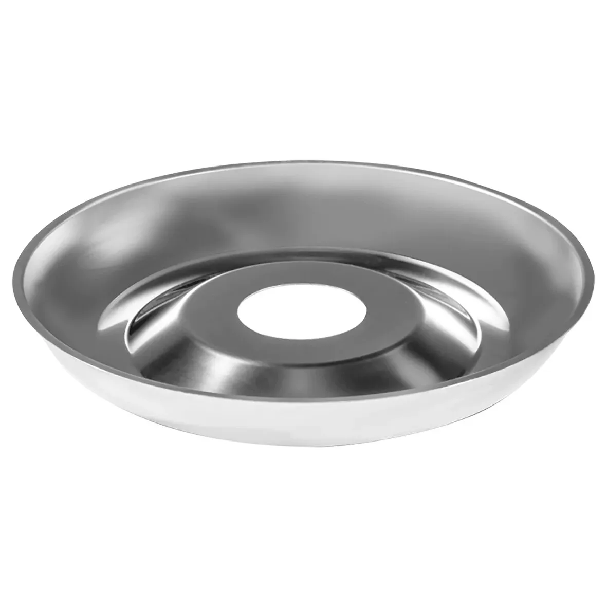 Silbernes Unterteil aus Metall in runder Form mit breitem Rand und zentraler Öffnung, Ansicht von oben vorne