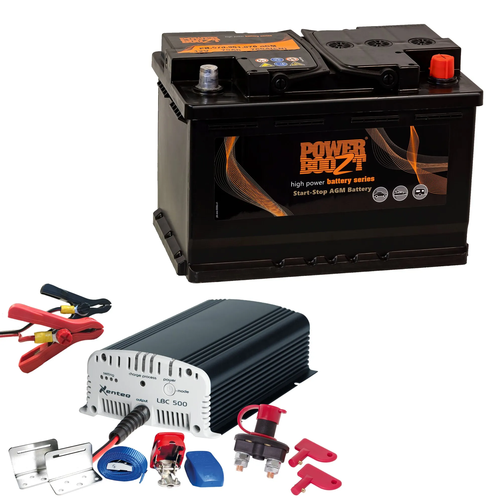 Basic PowerSet PB-70 AGM mit schwarzer Start-Stopp-AGM-Batterie, Ladegerät, Anschlusskabeln und weiterem Zubehör участ