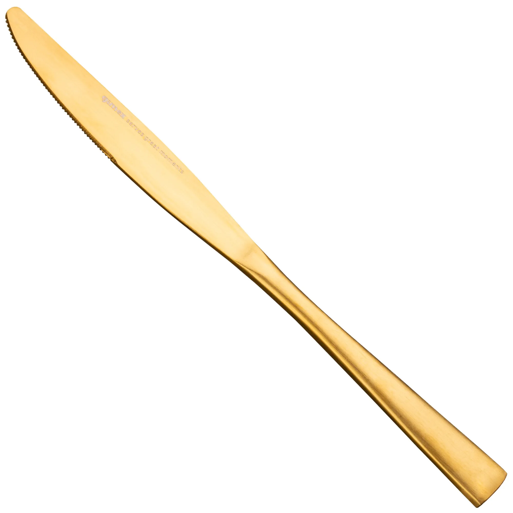 Goldfarbenes Edelstahl-Tafelmesser mit Wellenschliff und der Gravur „STAINLESS STEEL“, diagonal auf weißem Hintergrund