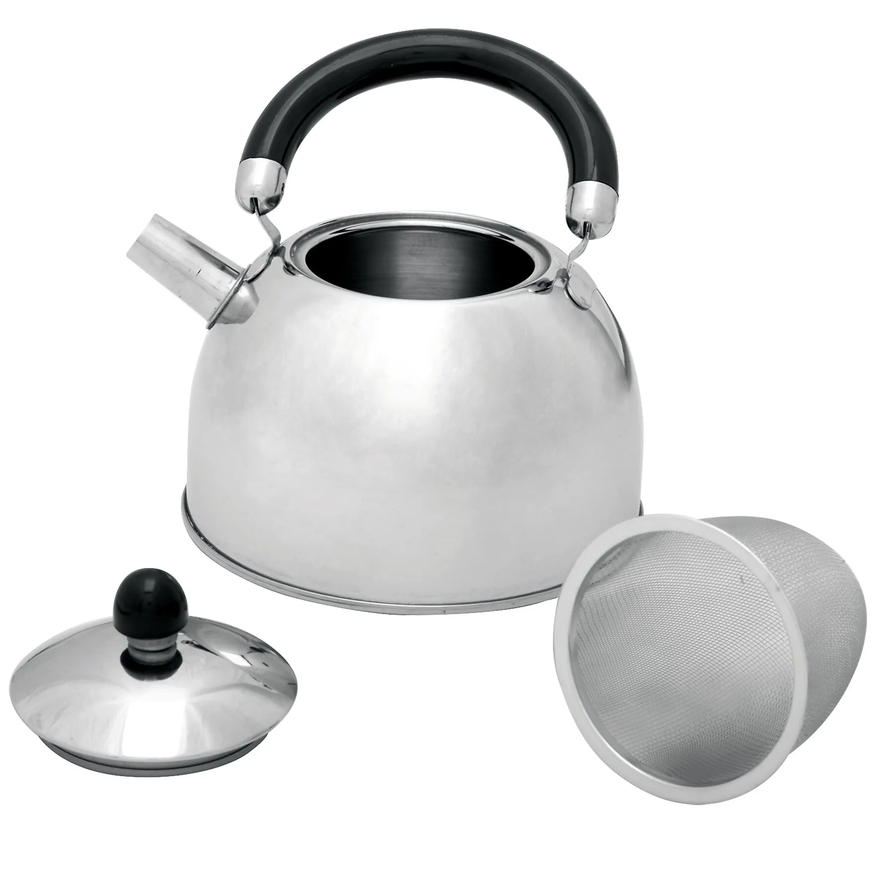 Edelstahl-Teekessel mit schwarzem Bügelgriff, offenem Deckel und herausnehmbarem feinmaschigem Teesieb auf weißem Hintergrund