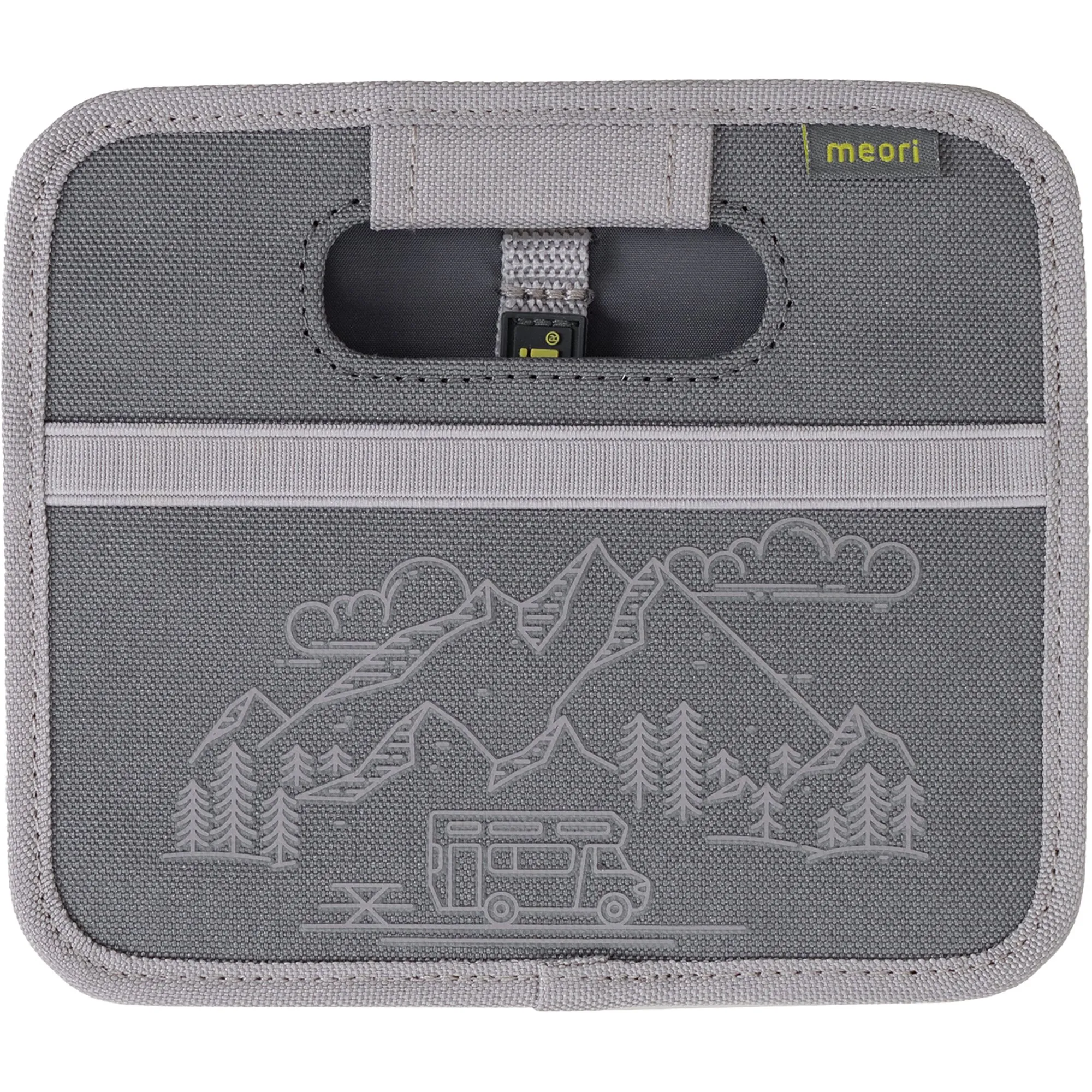 Zusammengefaltete Faltbox meori Mini in Granite Grey mit Tragegriff, meori-Logo und Wohnmobil-Motiv mit Bergen und Bäumen