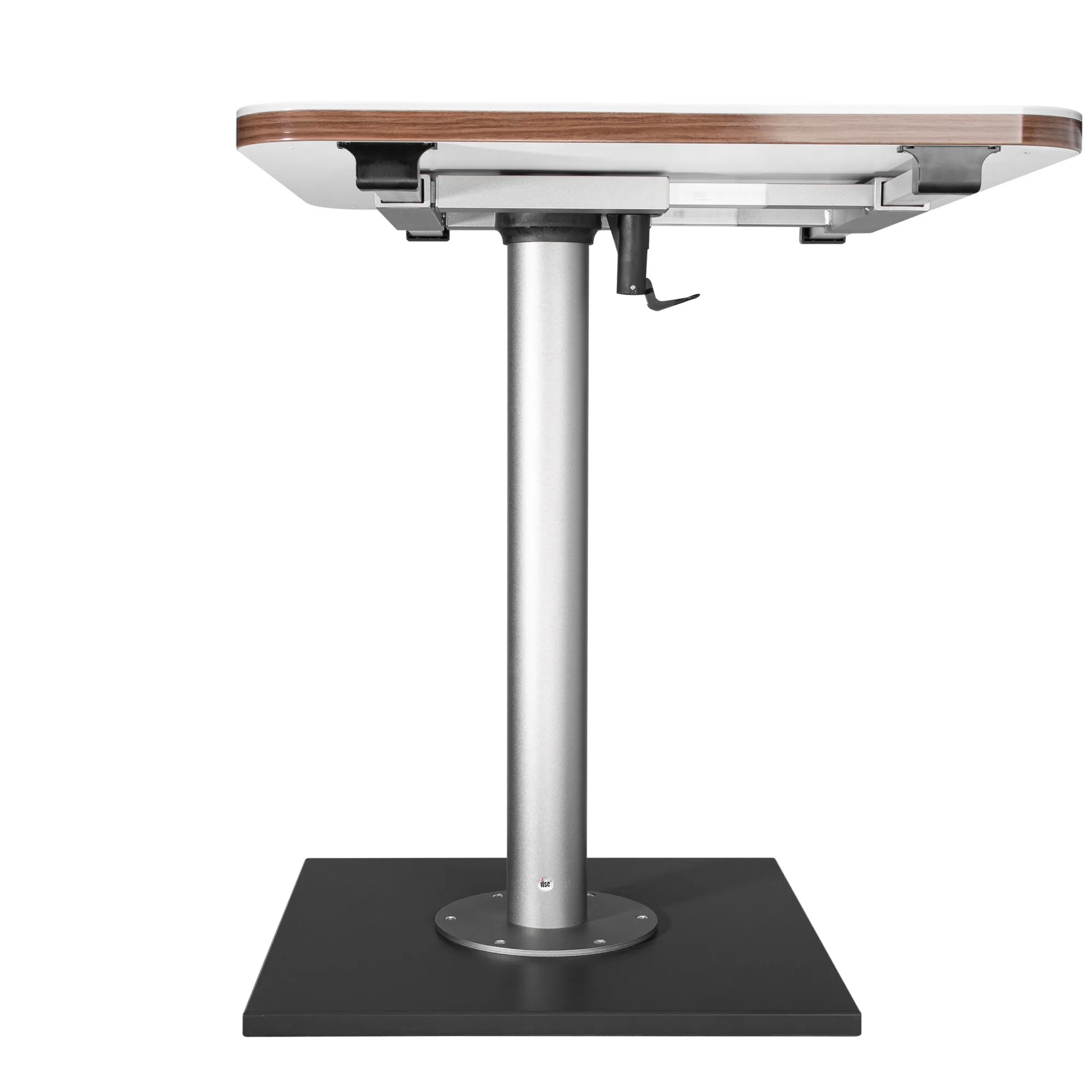Silberne Tischsäule mit schwarzer Grundplatte, runder Säulenbefestigung und X/Y-Verschiebemechanik unter einer Tischplatte