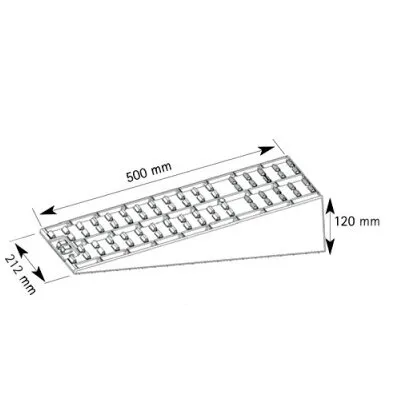 Auffahrkeil Maxi als technische Zeichnung mit geriffelter Fahrfläche und Maßangaben 500 × 212 × 120 mm