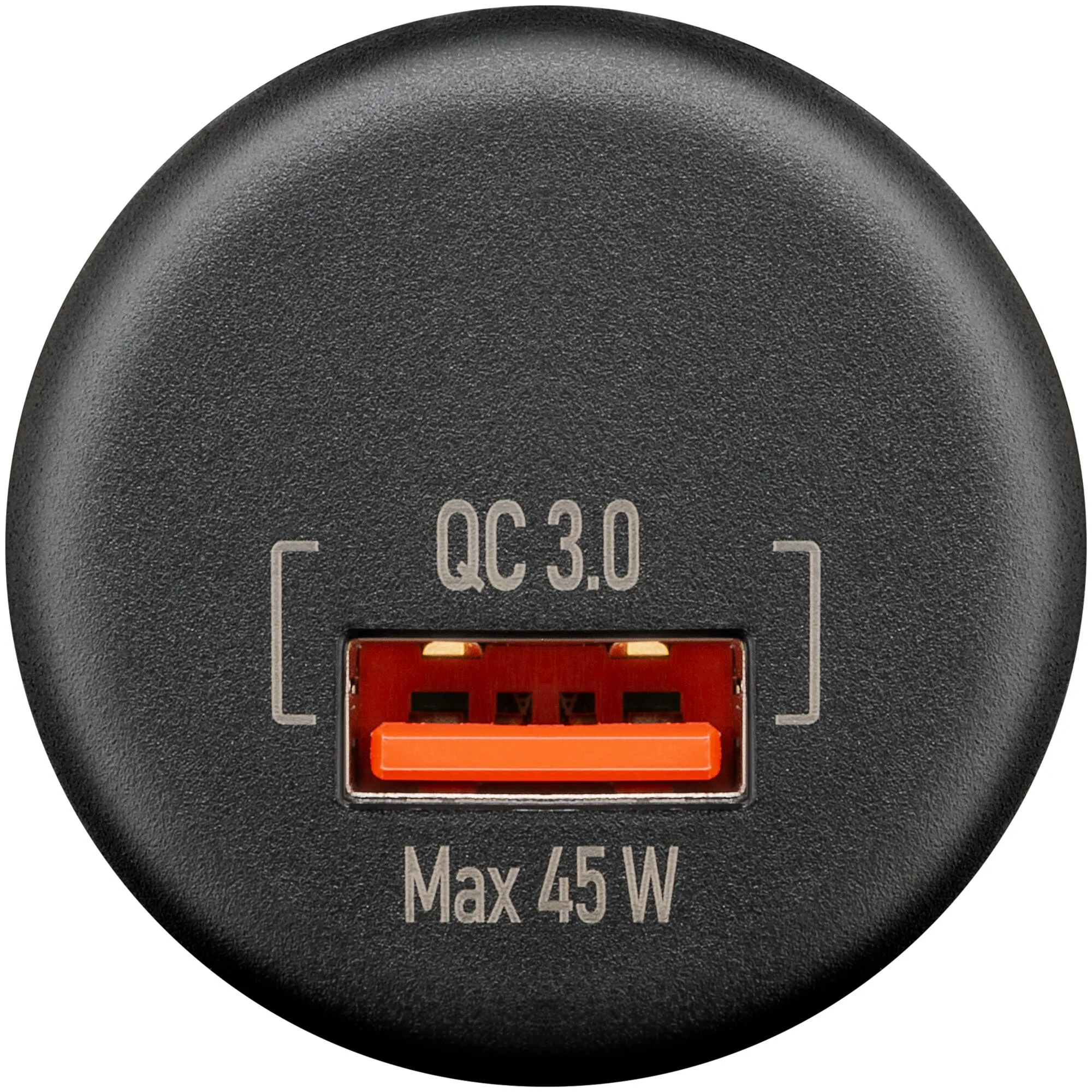 Schwarzes rundes Einbauladegerät mit roter USB-A-Buchse, Beschriftung QC 3.0 und Max 45 W