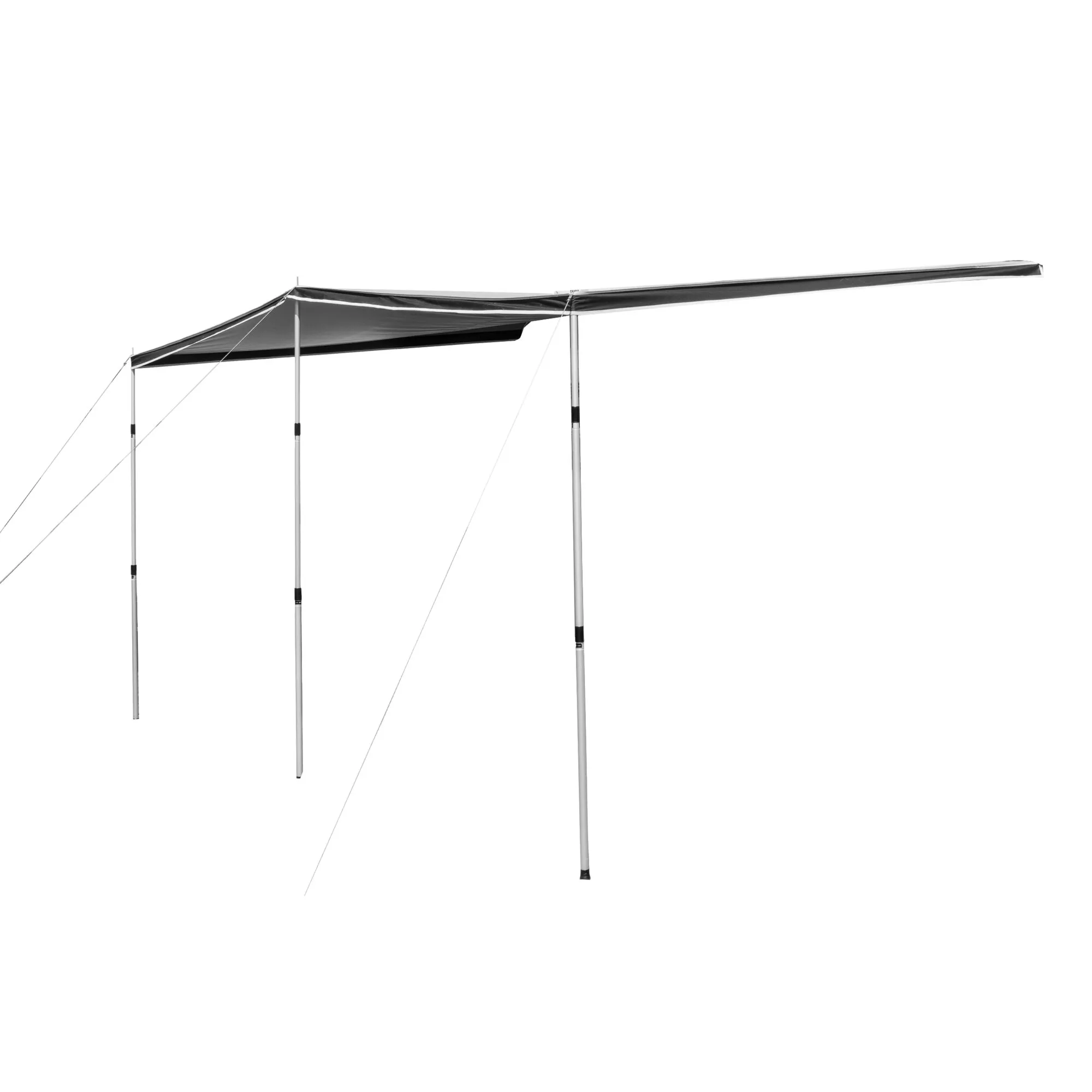 Schwarzes Sonnendach Canopy Shady Pro, 440 cm, mit vier silberfarbenen Standstangen und Abspannseilen auf weißem Hintergrund