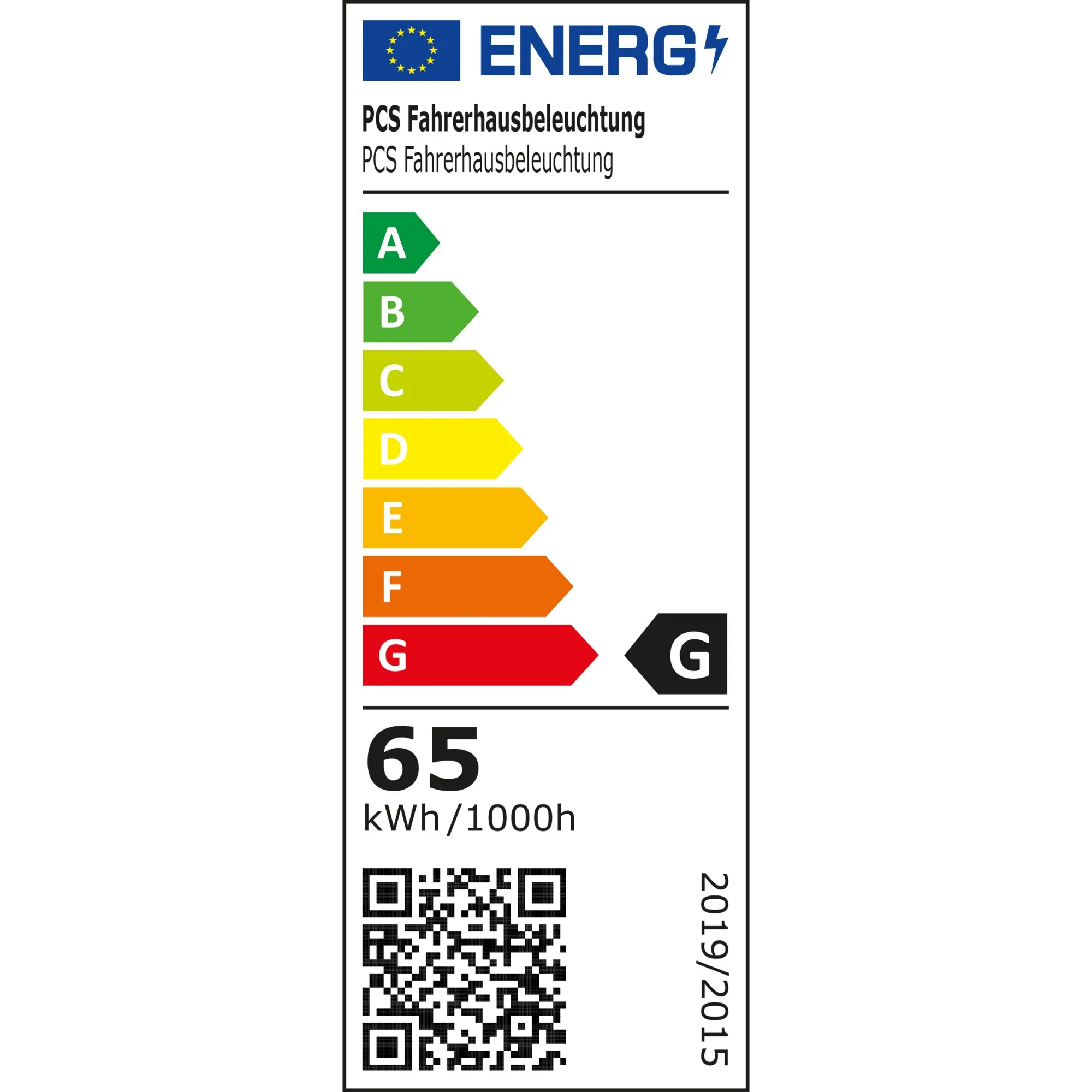 EU-Energielabel für PCS Fahrerhausbeleuchtung mit Energieeffizienzklasse G und Verbrauch von 65 kWh/1000h, Ausgabe 2019/2015