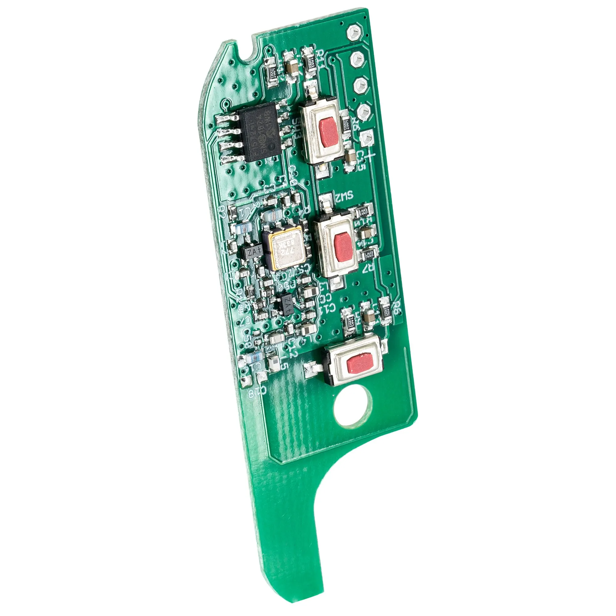 Grüne safe.lock Umrüstplatine in Detailaufnahme mit mehreren roten Drucktastern, Mikrochips und elektronischen Bauteilen