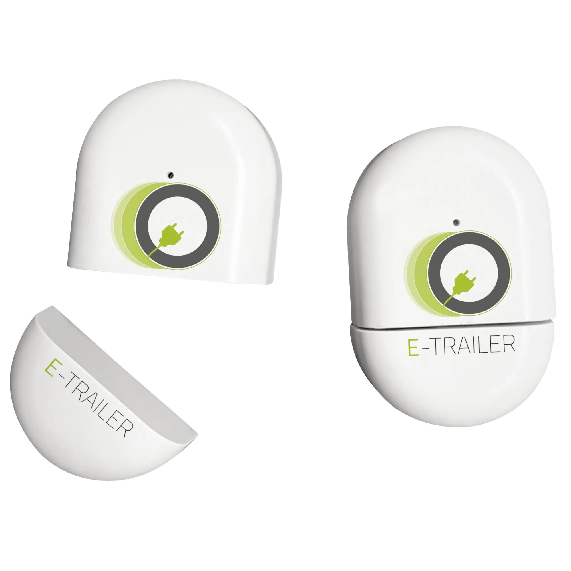 Weißer E-Switch-Sensor zur Tür- und Fensterüberwachung von E-Trailer mit rundem Gehäuse in mehreren Ansichten