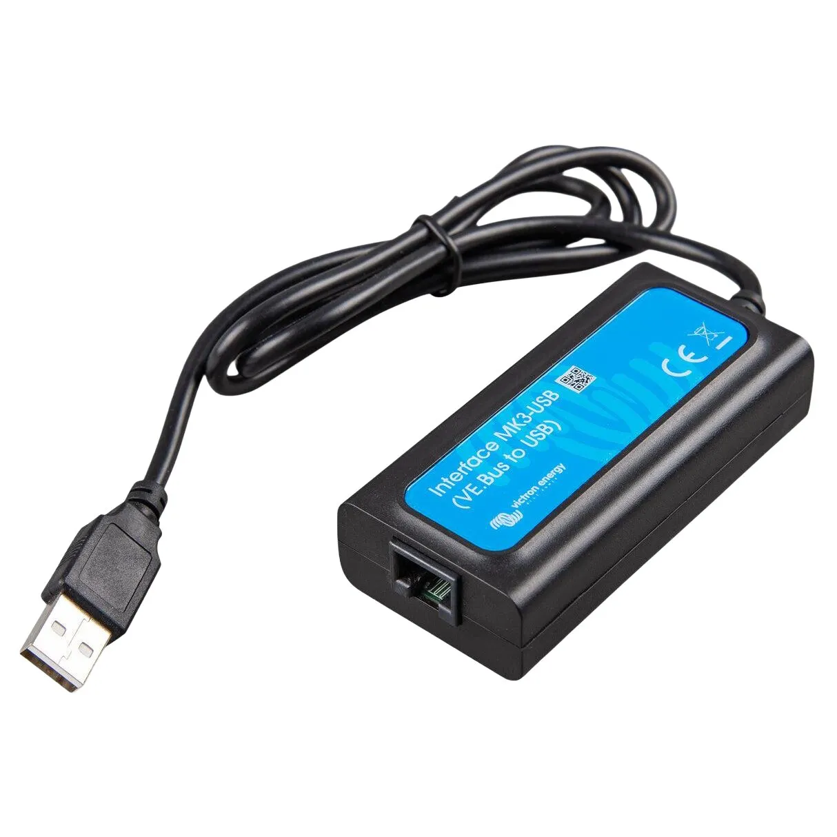 Schwarzes rechteckiges MK3-USB VE.Bus zu USB Interface-Gehäuse mit blauem Etikett, Kabel endet in USB-A-Stecker, QR-Code auf dem Etikett