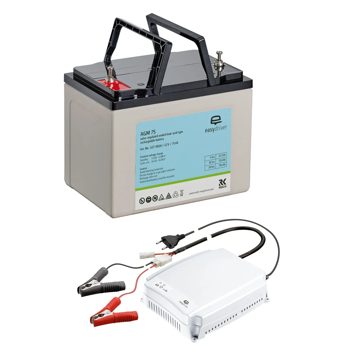Batterie- und Ladegerät-Set für Rangierantriebe mit 12-Volt-75-Ah-AGM-Batterie, Ladegerät und Anschlusskabeln