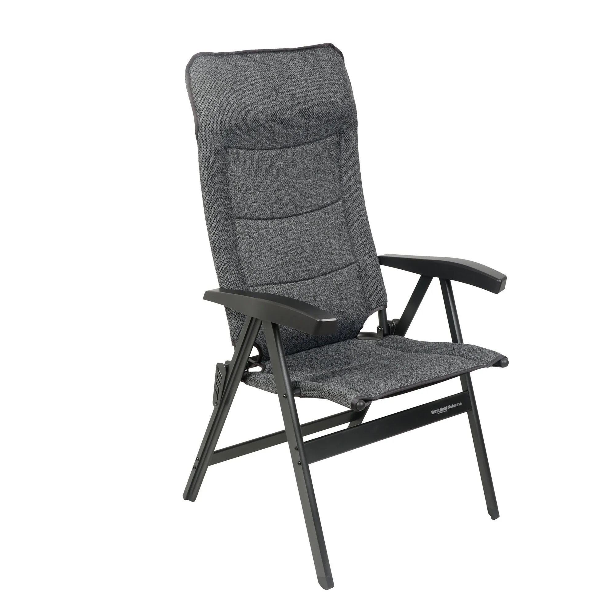 Campingstuhl Noblesse Deluxe in grau meliert mit hoher Rückenlehne, Armlehnen und schwarzem klappbarem Metallgestell