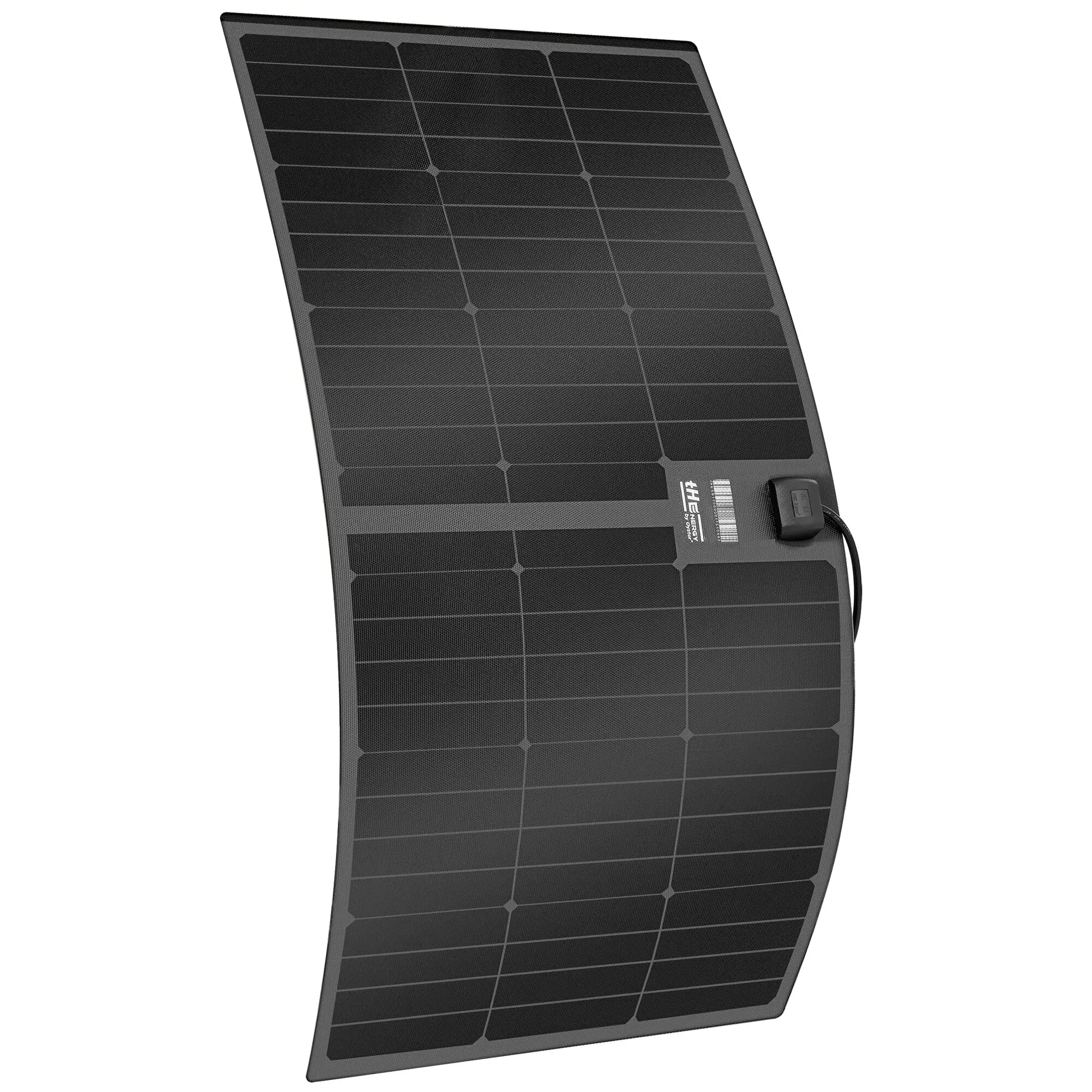 Flexibles schwarzes Solarmodul tHENERGY Sunflex 130 mit sichtbaren Solarzellen und Anschlusskabel, 130 Wp