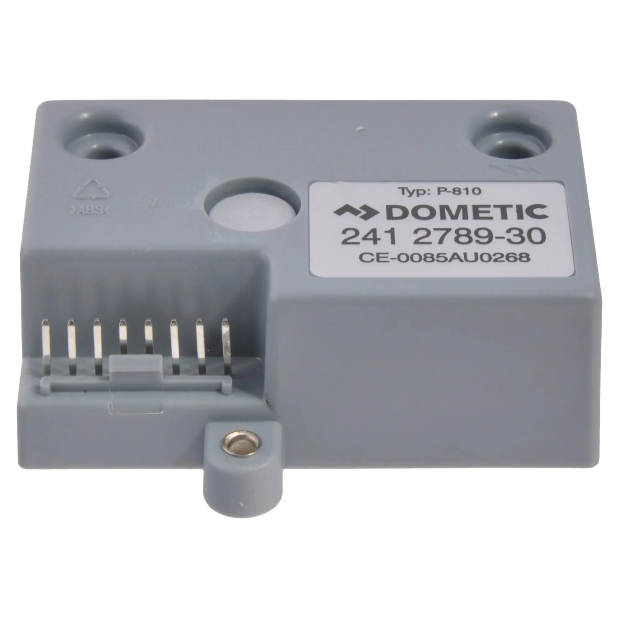 Grauer Gasfeuerungsautomat von Dometic für Kühlschränke mit Anschlussklemmen und Befestigungsöffnungen, Typ P-810, Teilenummer 241 2789-30